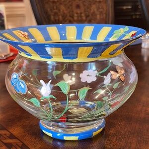NWT Lenox Hand-Painted Glass Bowl with Dragonfly & Floral Motif - Blue & Yellow